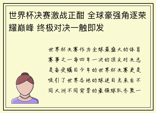 世界杯决赛激战正酣 全球豪强角逐荣耀巅峰 终极对决一触即发